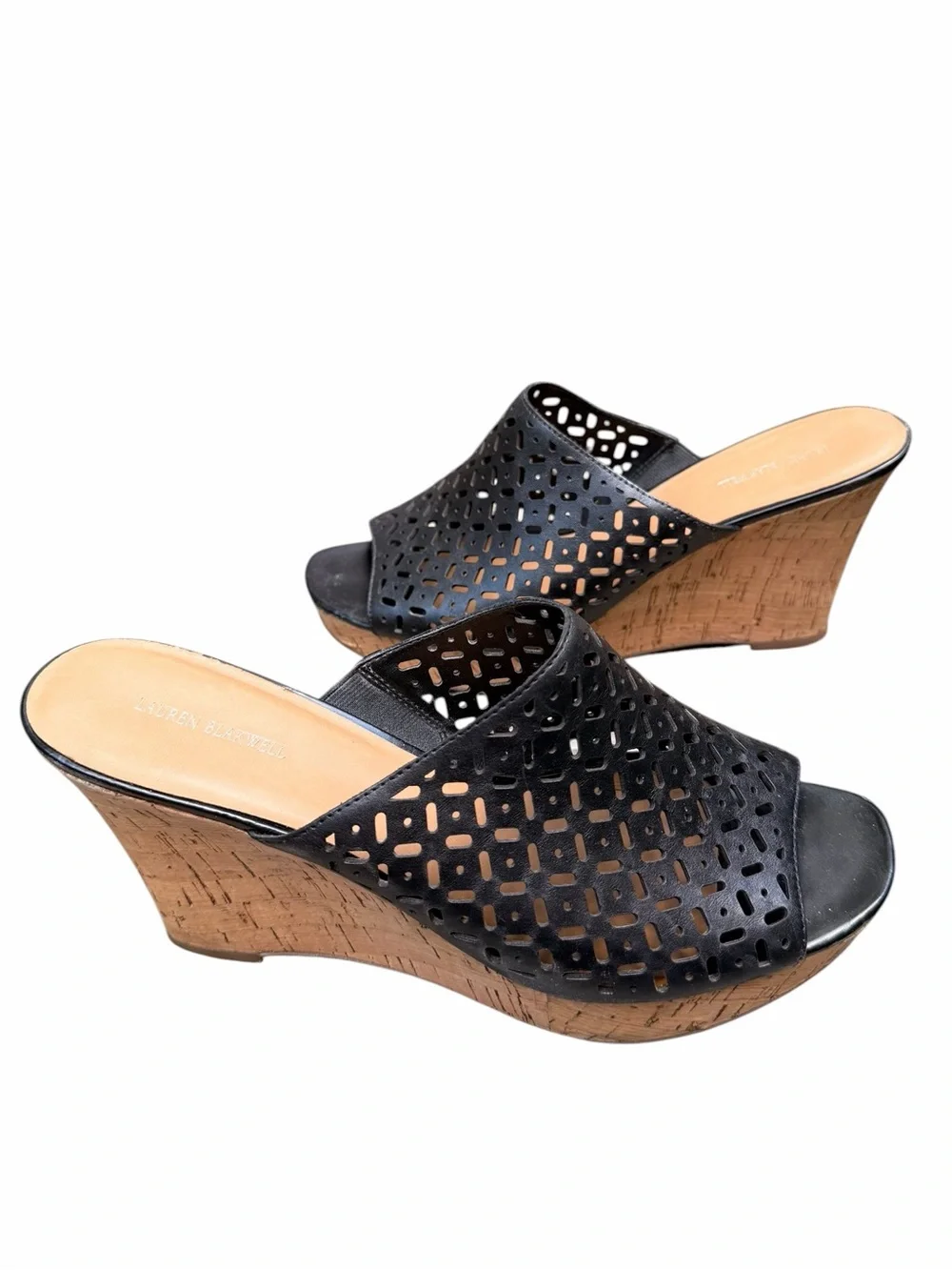 Lauren Blakwell Women’s 11 Black Ilene Perforated Cork Wedge Slide Sandals Boho